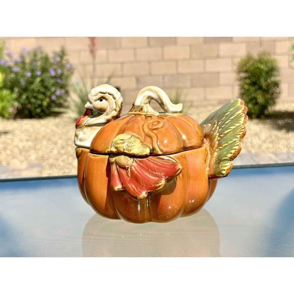 Ceramic Pumpkin Turkey Container w Lid Thanksgiving Orange Brown Holiday Dish